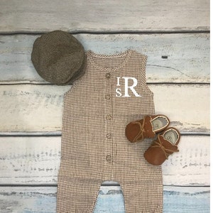 Baby boy Easter outfit | Brown gingham seersucker baby boy coming home outfit | Newborn boy personalized outfit with monogram