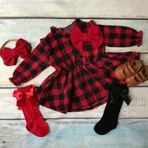 Baby girl Christmas outfit | Buffalo plaid corduroy infant baby girl dress | Christmas long sleeve baby girl red and black dress