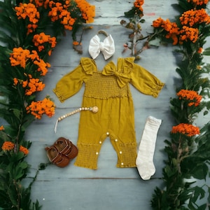 Boho chic baby girl mustard yellow outfit for fall | Baby girl autumn fall clothes | Yellow linen ruffle romper for baby girl