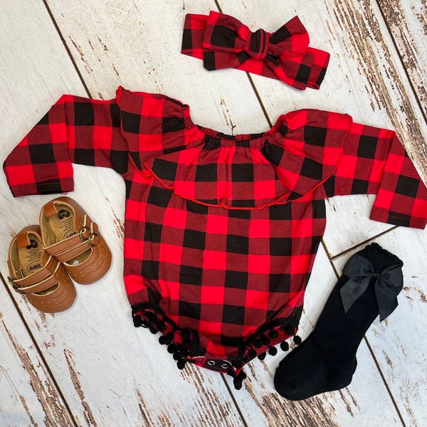 Baby girl Christmas romper | Toddler girl clothes | Red and black buffalo plaid Christmas outfit | Long sleeve baby girl romper