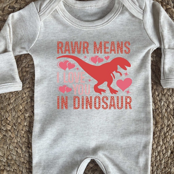 Valentine baby boy sleeper rawr means I love you in Dinosaur | Valentine day long sleeve sleeper for newborn to toddler boy