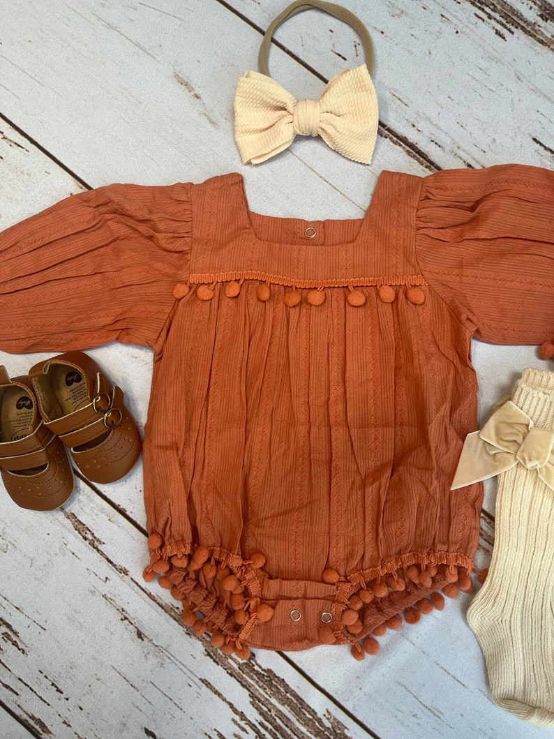 Baby girl boho clothes for fall burnt orange Autumn fall long sleeve romper for baby girl pumpkin spice Fall Clothes for toddler girl image 5