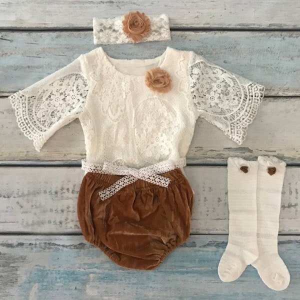 Newborn girl coming home boho chic outfit with knee socks | Baby Girl Clothes | Toddler girl romper | First Birthday Outfit Girl