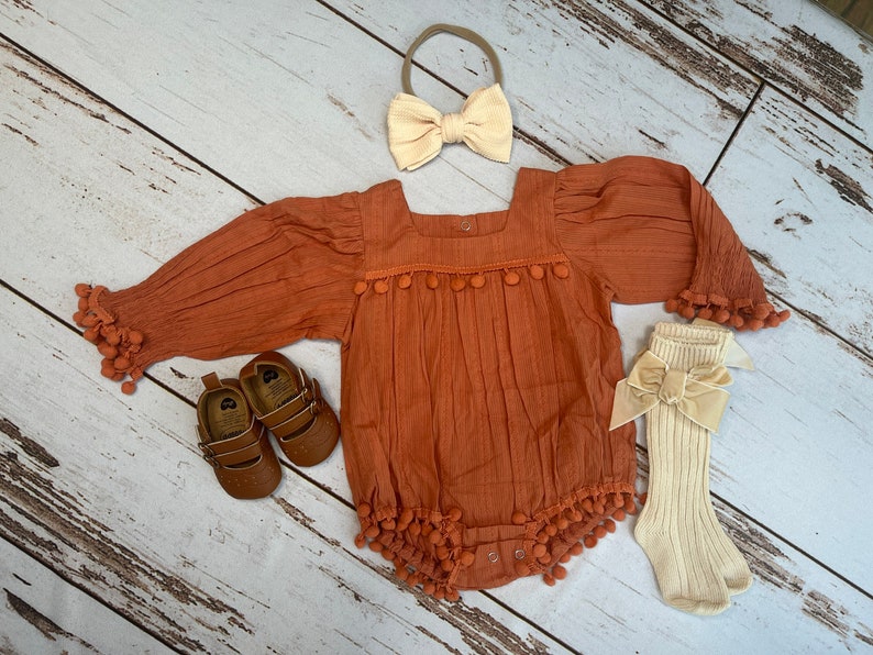 Baby girl boho clothes for fall burnt orange Autumn fall long sleeve romper for baby girl pumpkin spice Fall Clothes for toddler girl image 1