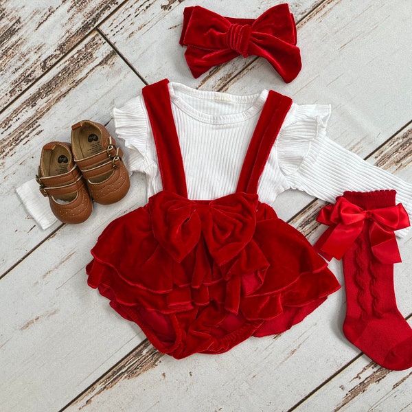 Baby girl Christmas outfit | Newborn Christmas outfit girl | Infant Christmas outfit | Red velvet suspenders bloomers outfit for Christmas