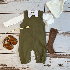 Toddler boy clothes sage green | Baby boy clothes for fall | Baby boy overalls outfit for fall in sage green