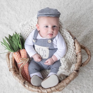 Baby boy monogram overalls | Baby boy glen plaid romper | Newborn baby coming home outfit | Black and white plaid jumpsuit