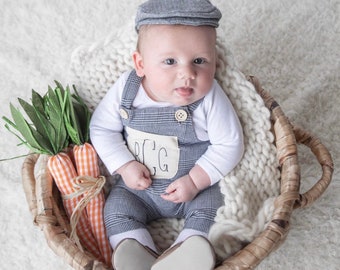 Baby boy monogram overalls | Baby boy glen plaid romper | Newborn baby coming home outfit | Black and white plaid jumpsuit