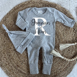Personalized baby boy coming home outfit | Custom baby boy outfit for hospital | Baby boy gray sleep and play romper
