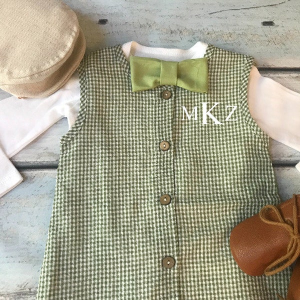 Fall newborn baby boy personalized outfit with monogram | Green gingham seersucker newborn boy coming home outfit | Baby boy hospital outfit