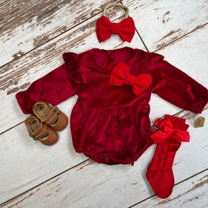 Baby girl Christmas velvet red romper | Newborn girl first Christmas outfit | Baby girl long sleeve romper