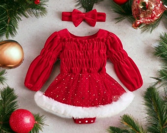 Baby girl Christmas dress | Toddler girl Christmas clothes | Red velvet baby girl Christmas outfit