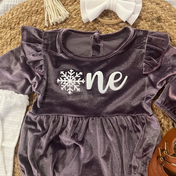 Snowflake purple velvet first birthday romper | 1st birthday outfit for baby girl | Winter birthday girl outfit