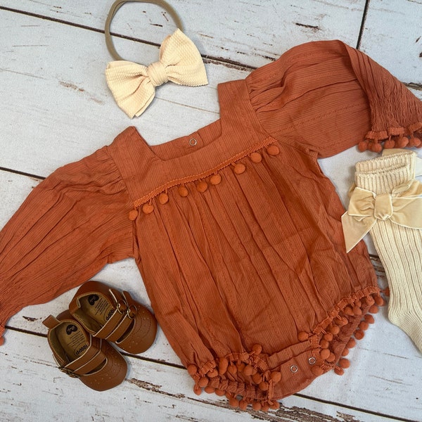 Rustic pumpkin spice baby girl fall outfit | Boho romper for autumn | Fall clothes for baby girl