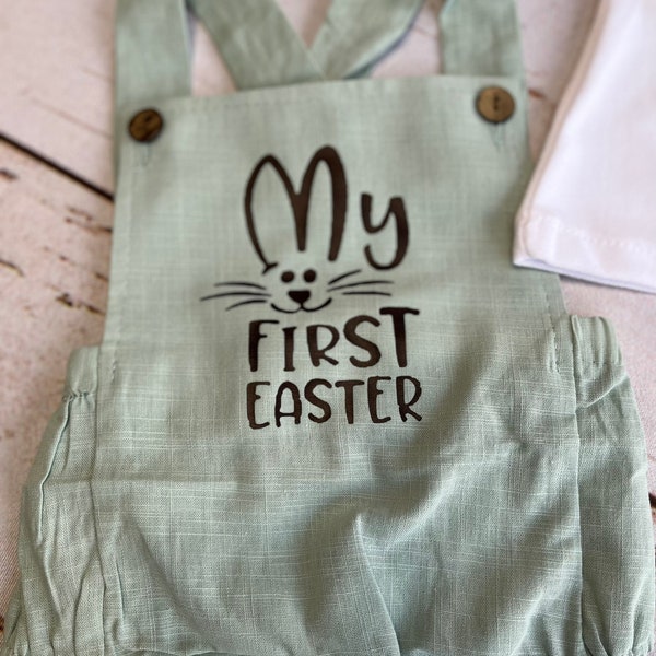 My first Easter baby boy romper | Green linen Easter shorts | Baby Easter outfit | Bunny Easter clothes for toddler