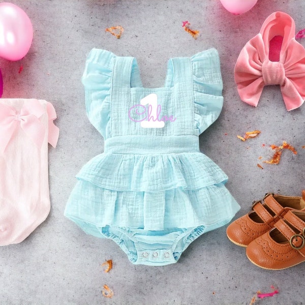 Blue bubble baby romper for first birthday | One birthday romper baby girl 1st birthday | Baby girl aqua romper outfit for 1st birthday
