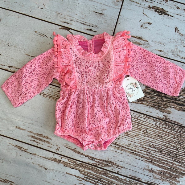 Pink Tassel Romper For Baby Girl | Newborn Girl Coming Home Outfit | Infant Girl Clothes | Long Sleeve Pink Lace Romper