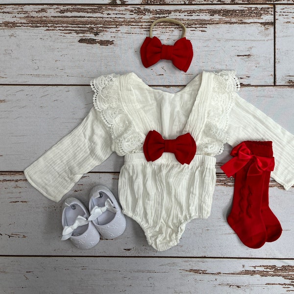 Baby girl Christmas outfit | Newborn girl first Christmas outfit | Baby girl white lace autumn, fall, winter romper with red bow