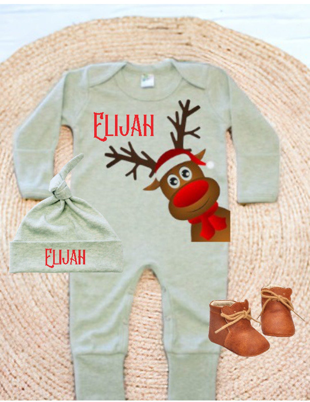 Custom-Dyed Fabric + Reindeer Embroidery + Christmas Baby Romper