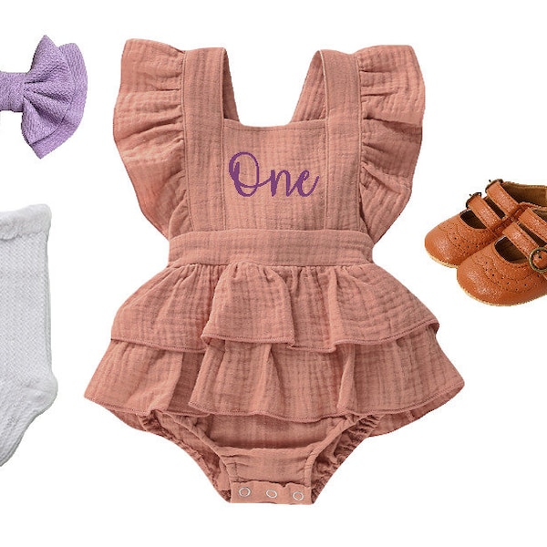 Mauve 1st birthday outfit romper | Toddler girl first birthday bubble romper | Baby girl linen romper for 1st birthday