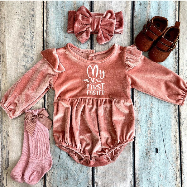 Baby girl first Easter romper | Toddler girl clothes | Pink velvet spring outfit | Long sleeve baby girl Easter romper