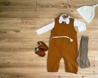 Baby Boy Clothes for Fall | Toddler boy clothes pumpkin spice | Baby boy rust orange linen overalls outfit for Thanksgiving