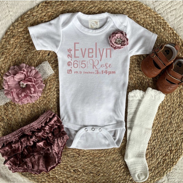 Baby birth announcement onesie w birth stats and matching bloomers | Newborn baby girl coming home outfit | New baby girl gift