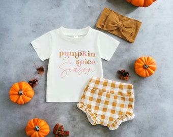 Fall outfit for baby girl with shorts, shirt and headband | baby girl autumn outfit |  brown orange plaid toddler girl clothes