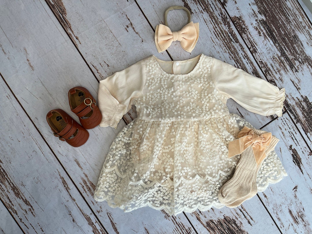 Baby Girl Beige Dress W Knee High Socks Baby Girl Clothes 1st Birthday Girl Outfit Toddler Girl