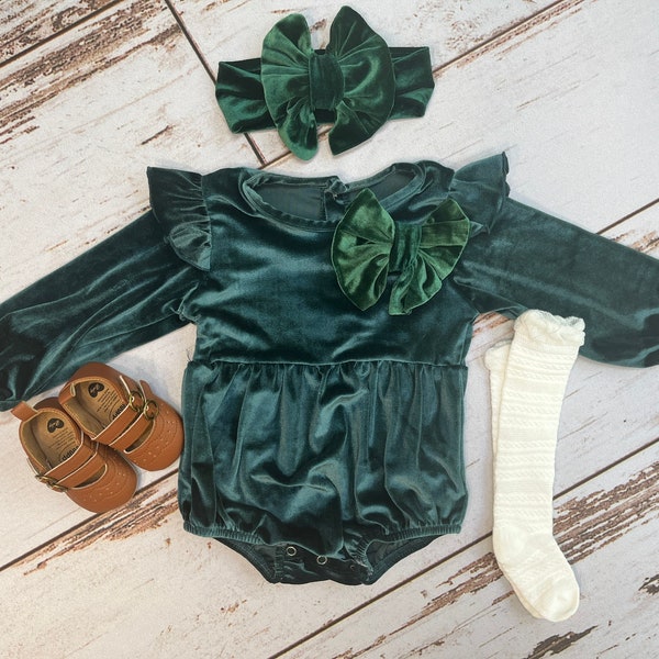 Baby girl Christmas romper | Newborn girl first Christmas velvet green outfit | Baby girl romper for fall | Autumn fall long sleeve romper