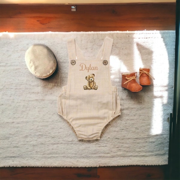 Personalized baby boy coming home outfit | Teddy bear baby boy overalls | Name romper for baby boy | Linen romper