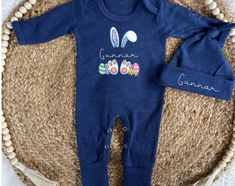 Easter personalized baby boy denim blue bunny sleeper | Dark blue baby boy clothes for Easter personalized