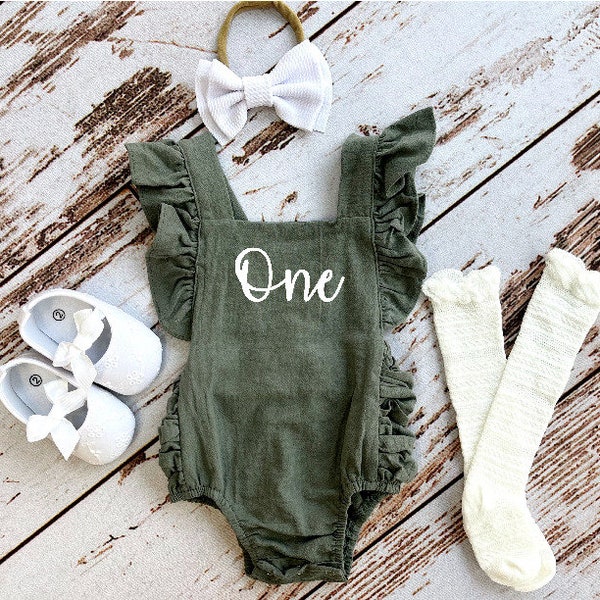 Baby girl first birthday romper |  Boho 1st birthday outfit | One birthday clothes for toddler girl | Green romper with side ruching