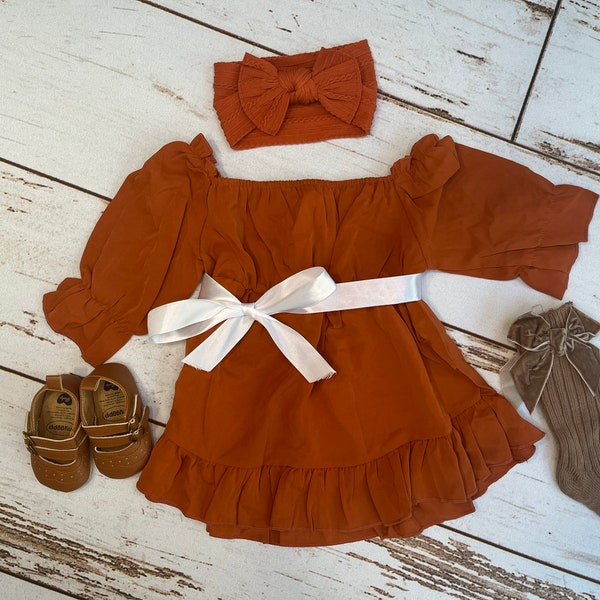 Baby girl boho fall brown dress | Autumn fall long sleeve dress for baby girl pumpkin spice/burnt orange/brown | Fall Clothes for toddler