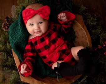 Baby girl Christmas outfit | Newborn Christmas outfit girl | Buffalo plaid infant baby girl romper | Christmas long sleeve baby girl romper