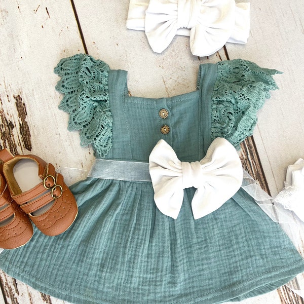 Thanksgiving baby girl teal dress | Baby girl clothes for fall | Toddler girl fall outfit rustic teal