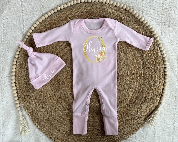 Personalized initial romper for baby girl | Newborn girl name sleeper w matching hat | Boho monogram outfit for newborn