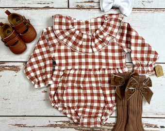 Baby girl fall clothes | Toddler girl autumn outfit | Brown checkered romper for baby girl fall outfit with knee socks and shoes