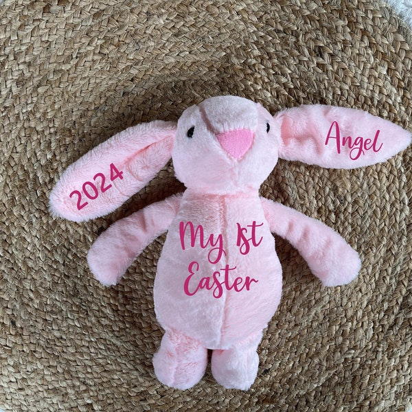 Stuffed Easter bunny personalized for 1st Easter | Pink Easter stuffed rabbit customized | My First Easter pink bunny