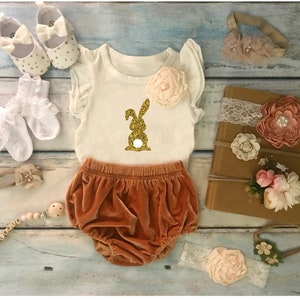 Baby Girl Clothes | First Easter infant Girl Outfit w velvet bloomers | Toddler Girl Clothes | Boho Chic Girl Clothes | Easter Bunny