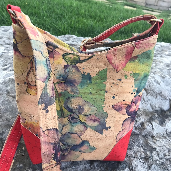 All eco friendly  Cork Crossbody Bag- Floral and Red Accented Tote - Purple and Green Flowered Handbag - Spring Purse-cork crossbody bag