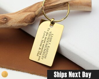 Gold Rectangle Dog Tag Keychain Unique Holiday Gifts for Boyfriend Anniversary Husband Roman Numeral Coordinates Christmas Gifts