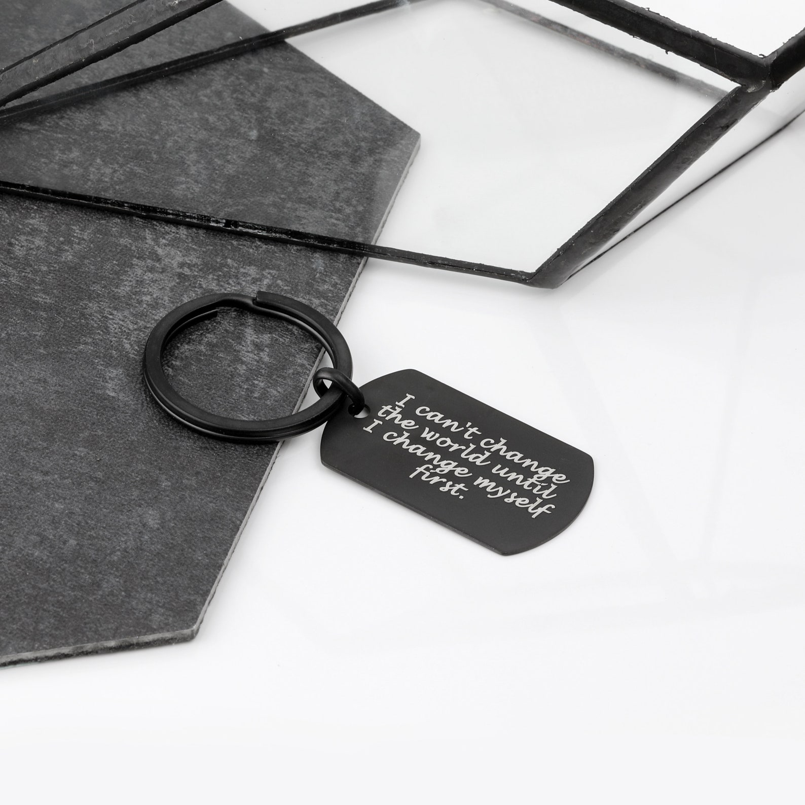 Personalized Matte Black Dog Tag Keychain Gift for Him Mens Etsy