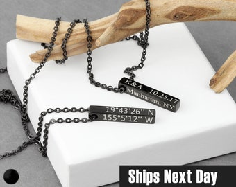 Mens Necklace for Him Meaningful Gifts for Him Mens Jewelry 4 Sided Black Bar Engraved Personalize Handmade Dad Boyfriend Valentines Gift