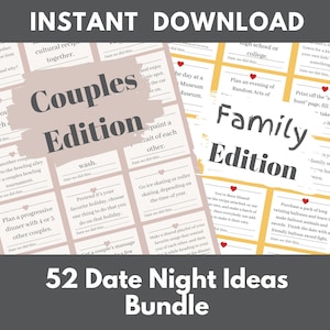 PAQUETE de 52 ideas para citas nocturnas: ideal para pasar tiempo juntos de calidad intencionalmente, incluye tarjetas de citas nocturnas de edición familiar y para parejas
