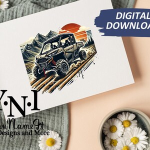May include: A digital download of a graphic illustration of a black and gray off-road vehicle driving through a field with mountains and a sunset in the background. The vehicle has a black roll cage and a black and gray seat. The vehicle is driving on a dirt road with a field of grass on either side. The mountains are in the background and the sunset is in the sky. The text "Y.N.I. You Name It Designs and More" is at the bottom of the image.