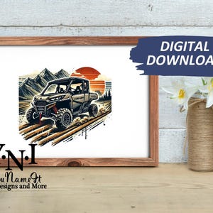 May include: A digital illustration of a brown off-road vehicle driving through a landscape with mountains and a sunset in the background. The vehicle has a black roll cage and a black driver's seat. The text "Y.N.I. You Name It Designs and More" is at the bottom of the image.