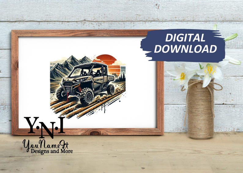May include: A digital illustration of a brown off-road vehicle driving through a landscape with mountains and a sunset in the background. The vehicle has a black roll cage and a black driver's seat. The text "Y.N.I. You Name It Designs and More" is at the bottom of the image.