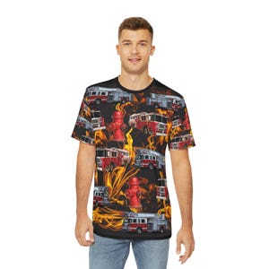 Firefighter All Over Print Shirt | Fire Truck & Flames Tee | Firefighter Gift | First Responder T-Shirt | Unisex Firefighter Apparel