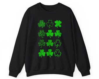 Sudadera unisex de cuello redondo para el día de San Patricio, estampado de trébol, ropa festiva irlandesa, regalo acogedor para la suerte, moda de trébol verde